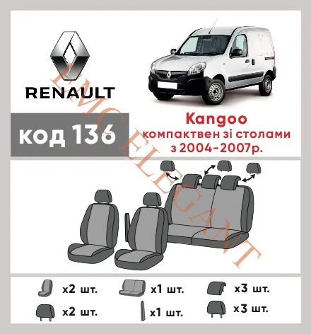Наші авточохли для Renault Kangoo I Рестайлінг 2003-2009 компактвен мають розділення спинок та сидінь, що забезпечує ідеальну посадку і захист кожного елементу сидінь. Крім того, ми пропонуємо чохли з відповідною кількістю підголовників та підлокотників, щоб забезпечити повну захист вашого автомобіля. Перегляньте фото на dlx.in.ua та замовляйте прямо зараз!
