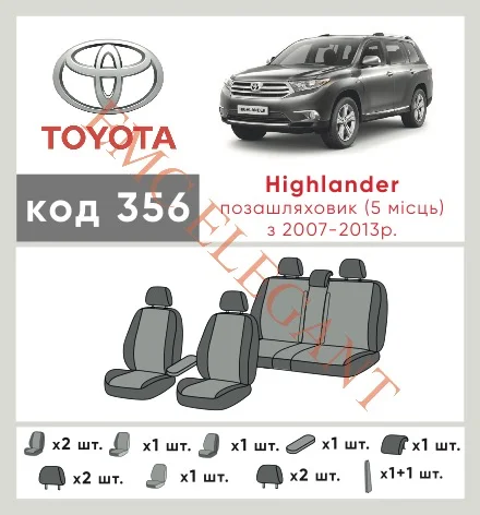 Наши автомобильные чехлы для Toyota Highlander II (U40) Рестайлінг 2010-2013 позашляховик 5 дв. имеют разделение спинок и сидений, что обеспечивает идеальную посадку и защиту каждого элемента сидений. Кроме того, мы предлагаем чехлы с соответствующим количеством подголовников и подлокотников, чтобы обеспечить полную защиту вашего автомобиля. Просмотрите фото на dlx.in.ua и закажите прямо сейчас!