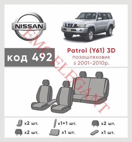 Наші авточохли для Nissan Patrol V (Y61) 1997-2004 позашляховик 3 дв. мають розділення спинок та сидінь, що забезпечує ідеальну посадку і захист кожного елементу сидінь. Крім того, ми пропонуємо чохли з відповідною кількістю підголовників та підлокотників, щоб забезпечити повну захист вашого автомобіля. Перегляньте фото на dlx.in.ua та замовляйте прямо зараз!