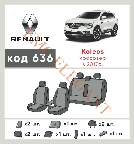 Наші авточохли для Renault Koleos II 2016-2019 позашляховик 5 дв. мають розділення спинок та сидінь, що забезпечує ідеальну посадку і захист кожного елементу сидінь. Крім того, ми пропонуємо чохли з відповідною кількістю підголовників та підлокотників, щоб забезпечити повну захист вашого автомобіля. Перегляньте фото на dlx.in.ua та замовляйте прямо зараз!