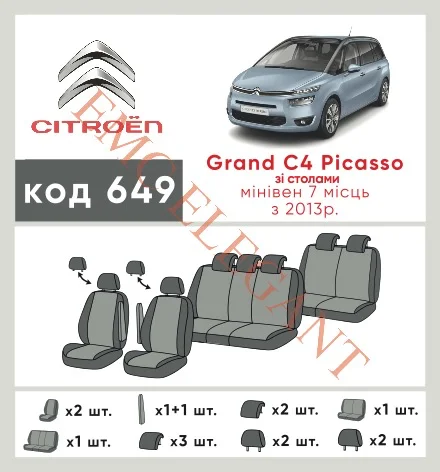 Наши автомобильные чехлы для Citroen C4 Picasso II 2013-2016 компактвен Grand 7 місць имеют разделение спинок и сидений, что обеспечивает идеальную посадку и защиту каждого элемента сидений. Кроме того, мы предлагаем чехлы с соответствующим количеством подголовников и подлокотников, чтобы обеспечить полную защиту вашего автомобиля. Просмотрите фото на dlx.in.ua и закажите прямо сейчас!