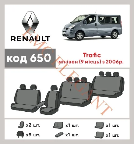 Наші авточохли для Renault Trafic II Рестайлінг 2006-2014 мінівен 9 м мають розділення спинок та сидінь, що забезпечує ідеальну посадку і захист кожного елементу сидінь. Крім того, ми пропонуємо чохли з відповідною кількістю підголовників та підлокотників, щоб забезпечити повну захист вашого автомобіля. Перегляньте фото на dlx.in.ua та замовляйте прямо зараз!