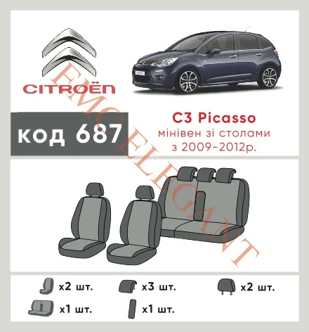 Наші авточохли для Citroen C3 Picasso I 2008-2012 компактвен Столики мають розділення спинок та сидінь, що забезпечує ідеальну посадку і захист кожного елементу сидінь. Крім того, ми пропонуємо чохли з відповідною кількістю підголовників та підлокотників, щоб забезпечити повну захист вашого автомобіля. Перегляньте фото на dlx.in.ua та замовляйте прямо зараз!
