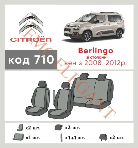 Наші авточохли для Citroen Berlingo II 2008-2012 компактвен Пластиковий AirBag мають розділення спинок та сидінь, що забезпечує ідеальну посадку і захист кожного елементу сидінь. Крім того, ми пропонуємо чохли з відповідною кількістю підголовників та підлокотників, щоб забезпечити повну захист вашого автомобіля. Перегляньте фото на dlx.in.ua та замовляйте прямо зараз!