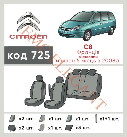 Наши автомобильные чехлы для Citroen C8 I Рестайлінг 2008-2014 мінівен имеют разделение спинок и сидений, что обеспечивает идеальную посадку и защиту каждого элемента сидений. Кроме того, мы предлагаем чехлы с соответствующим количеством подголовников и подлокотников, чтобы обеспечить полную защиту вашего автомобиля. Просмотрите фото на dlx.in.ua и закажите прямо сейчас!