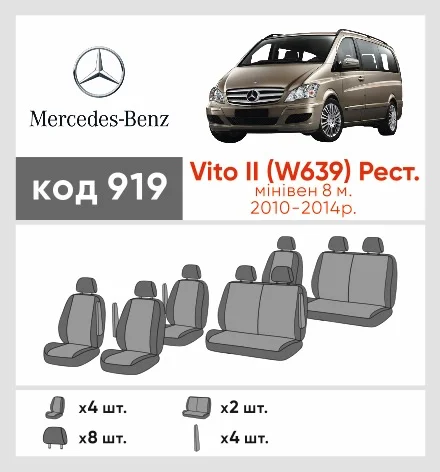 Наши автомобильные чехлы для Mercedes-Benz Vito II (W639) Рестайлінг 2010-2014 мінівен 8 м имеют разделение спинок и сидений, что обеспечивает идеальную посадку и защиту каждого элемента сидений. Кроме того, мы предлагаем чехлы с соответствующим количеством подголовников и подлокотников, чтобы обеспечить полную защиту вашего автомобиля. Просмотрите фото на dlx.in.ua и закажите прямо сейчас!